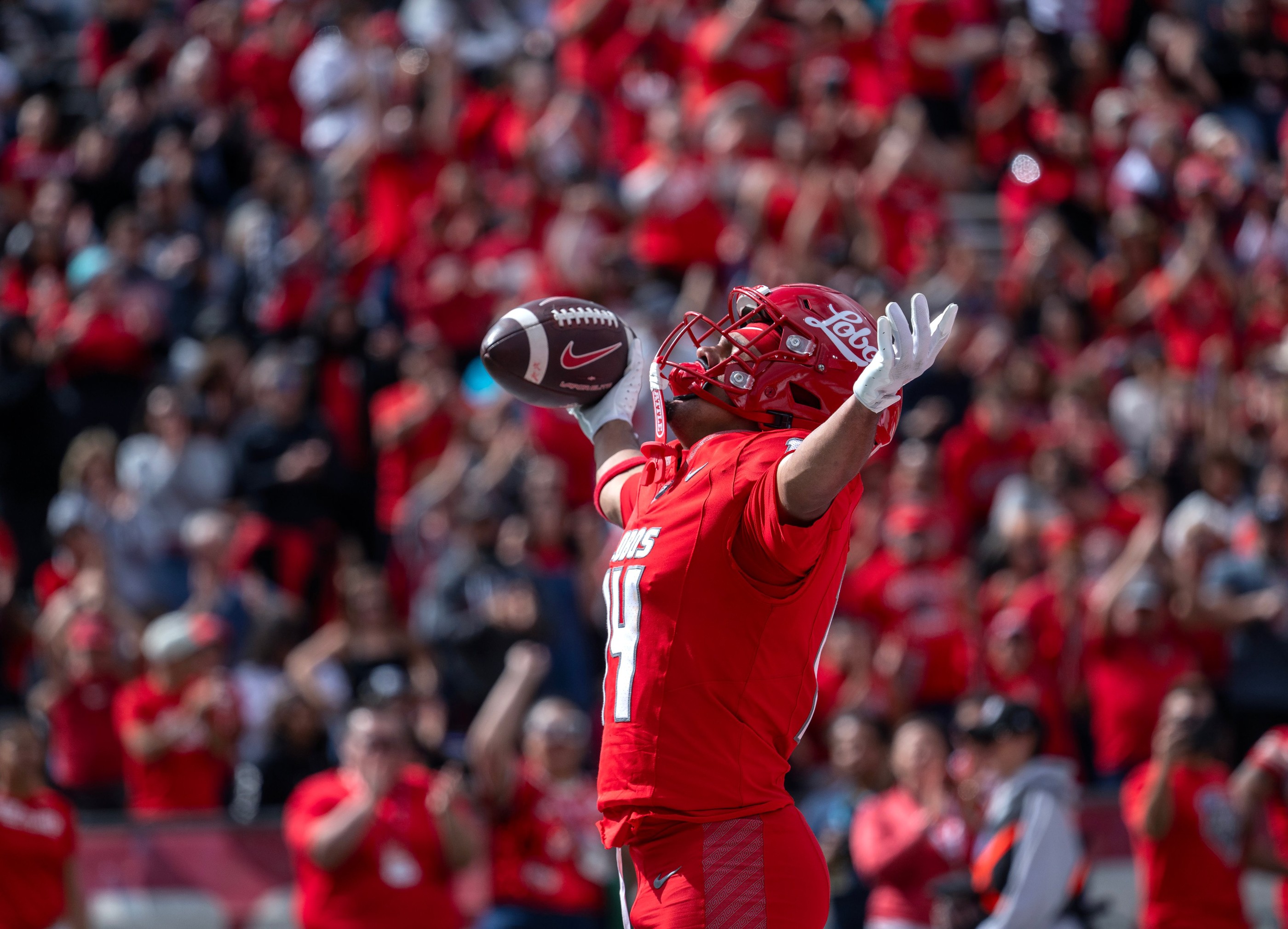 University of New Mexico football player catching a pass in a packed stadium