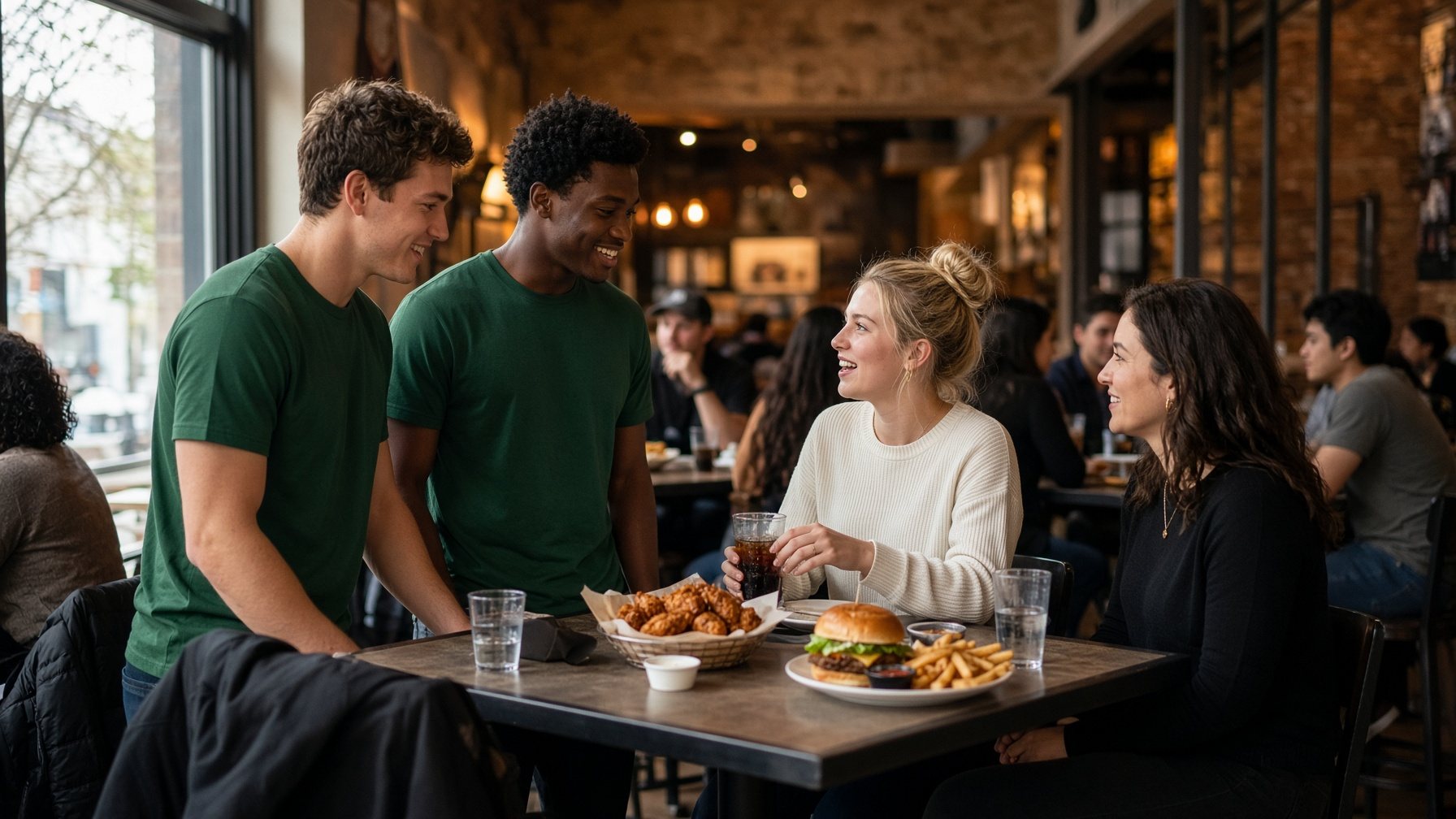 Athletes meeting guests during a restaurant game-day gathering