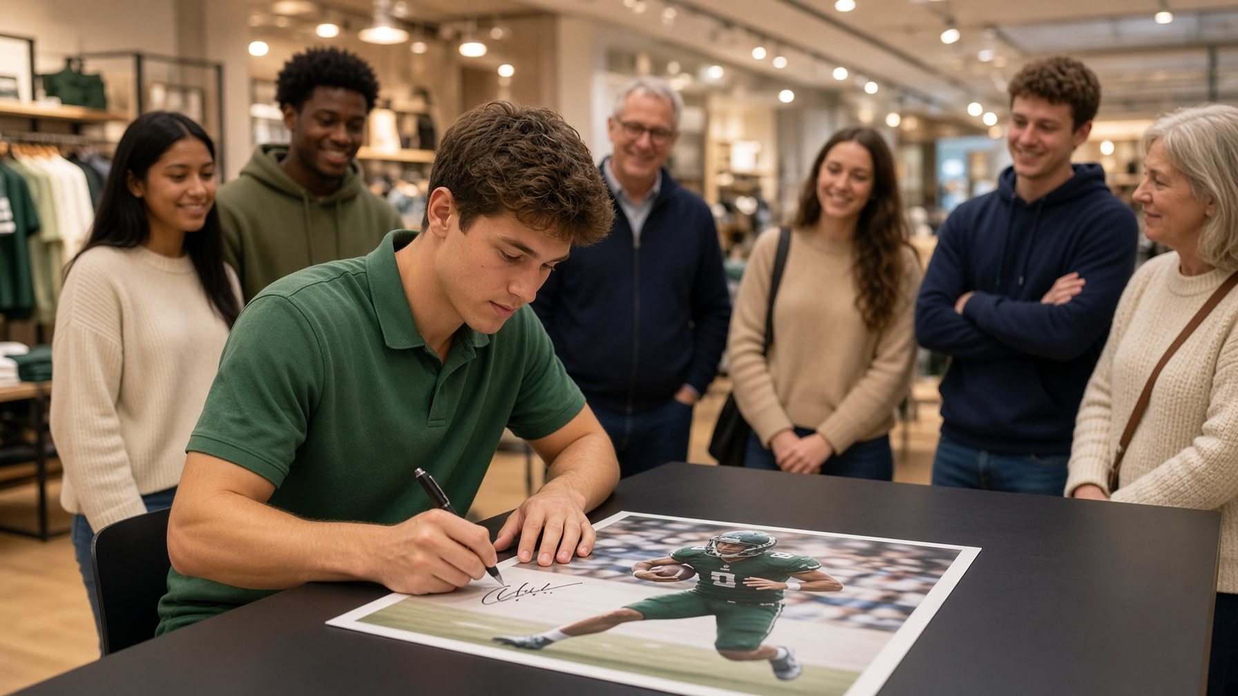Student-athlete signing a collectible print during an in-store retail event